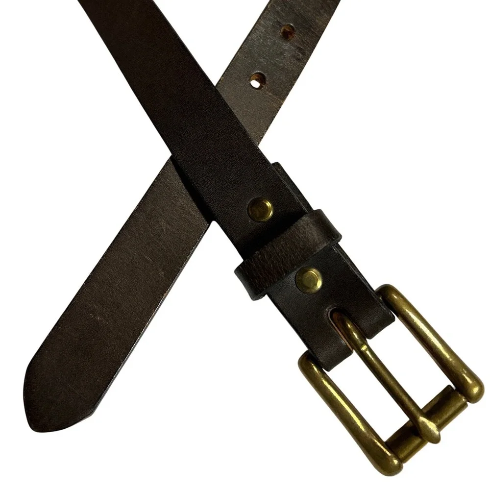 Dark‎ Brown Leather Belt Solid Brass Roller Buckle Casual Workwear 36